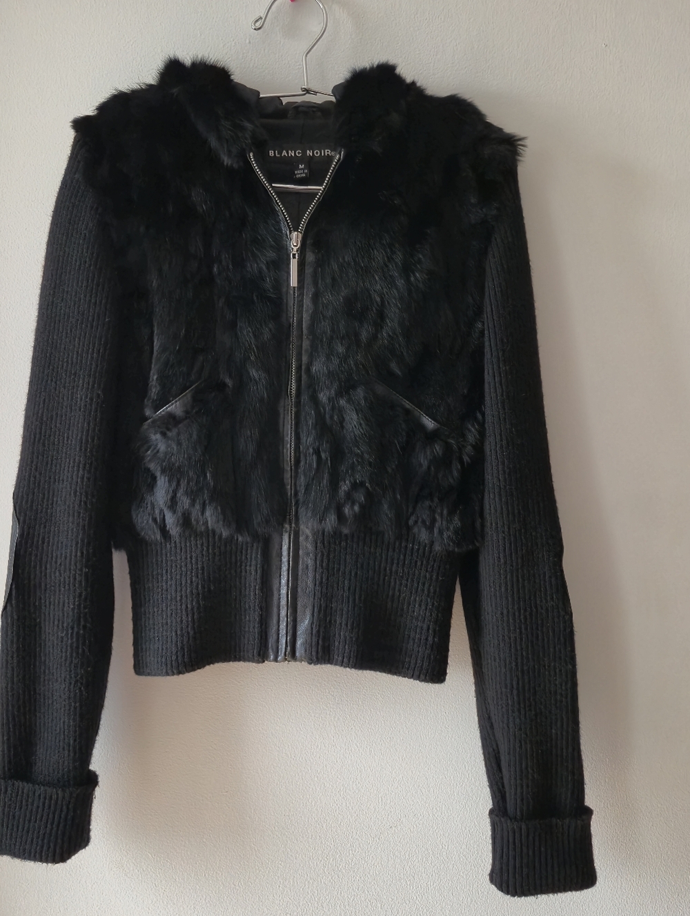 Blanc Noir Rabbit Fur Mixed Media Hooded Bomber Jacket M, Y2K